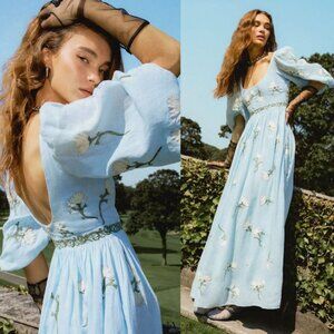 Agua by Agua Bendita Viviane Soledad Embroidered Blue Linen Floral‎ Maxi Dress S